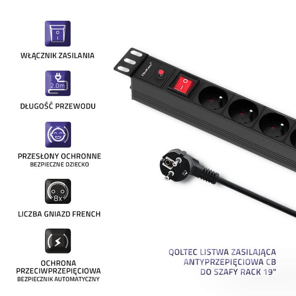 Qoltec PDU-jatkojohto ylikuormitussuojalla 19" räkille | 1U | 16A | 8xFRENCH | 2m