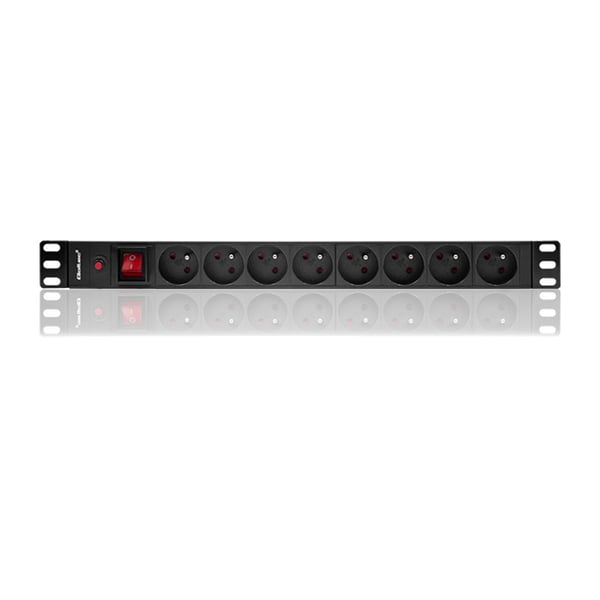 Qoltec PDU-jatkojohto ylikuormitussuojalla 19" räkille | 1U | 16A | 8xFRENCH | 2m