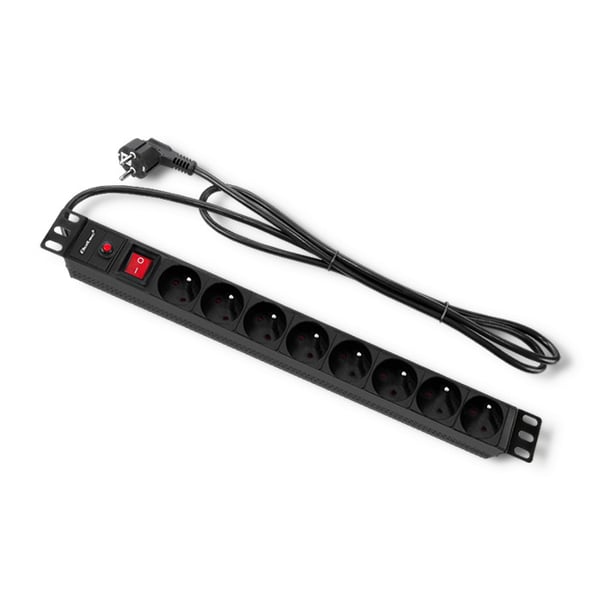 Qoltec PDU-jatkojohto ylikuormitussuojalla 19" räkille | 1U | 16A | 8xFRENCH | 2m