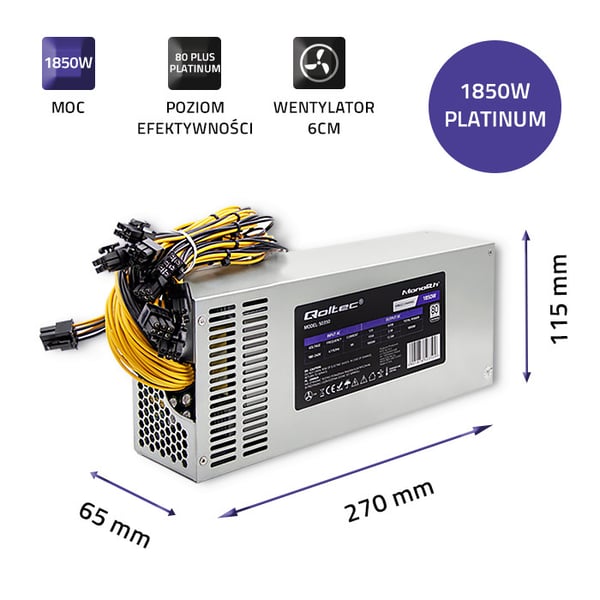 Qoltec PCI-E 1850W strømforsyning 80 Plus Platinum til datamining
