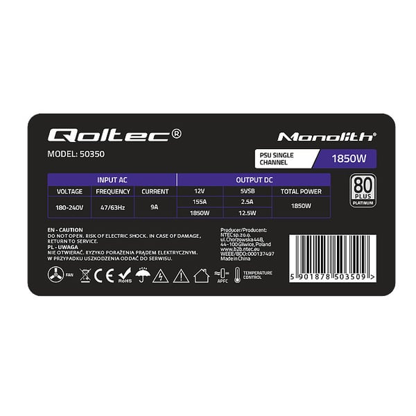 Qoltec PCI-E 1850W strømforsyning 80 Plus Platinum til datamining