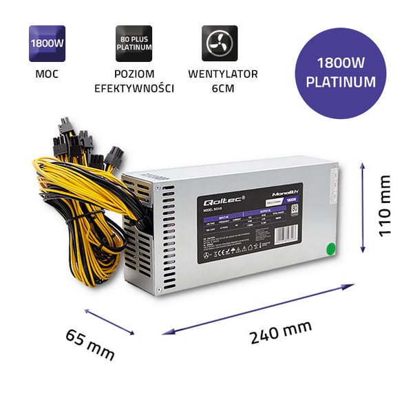 Qoltec PCI-E 1800W strømforsyning 80 Plus Platinum til dataminering