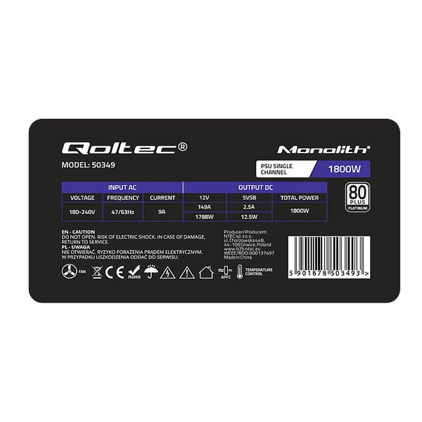 Qoltec PCI-E 1800W strømforsyning 80 Plus Platinum til dataminering