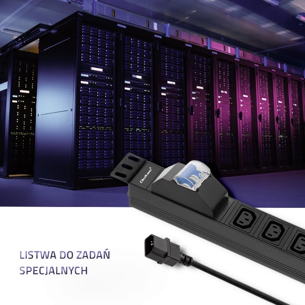 Qoltec PDU-jatkojohto ylikuormitussuojalla 19" räkille | 1U | 10A | 8xIEC C13 | C16-sulake | 2m