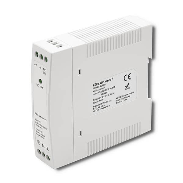 Qoltec DIN-skinne netledning 10W 24V 0,42A hvid smal