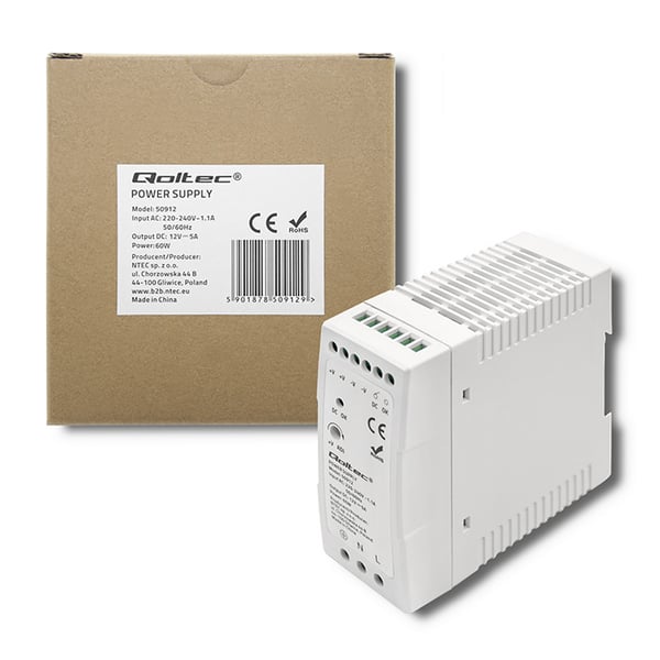 Qoltec DIN-skena nätaggregat 60W 12V 5A vit smal