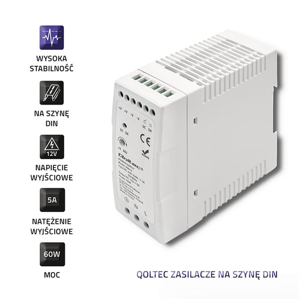 Qoltec DIN-skinne strømforsyning 60W 12V 5A hvid smal
