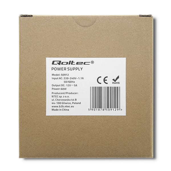 Qoltec DIN-skinne strømforsyning 60W 12V 5A hvid smal