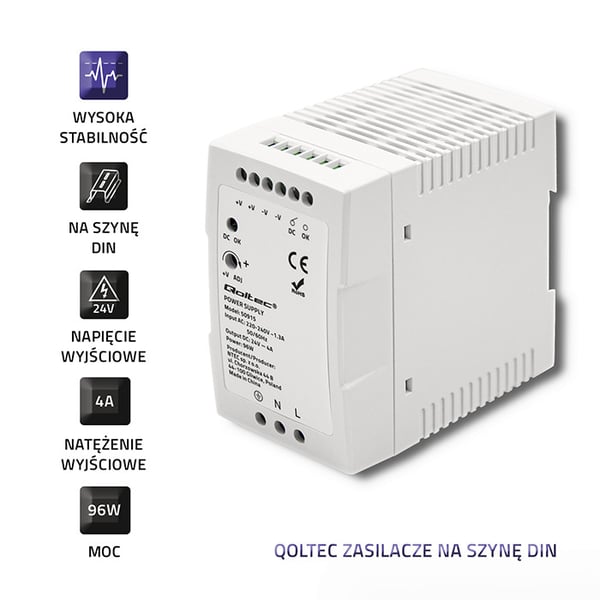 Qoltec DIN-skinne netstrømforsyning 96W 24V 4A hvid smal