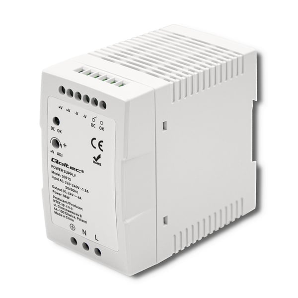 Qoltec DIN-skinne netstrømforsyning 96W 24V 4A hvid smal