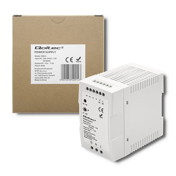 Qoltec DIN-kiskoon Asennusvirtalähde | 90 W | 12 V | 7,5 A | Valkoinen | Ohut