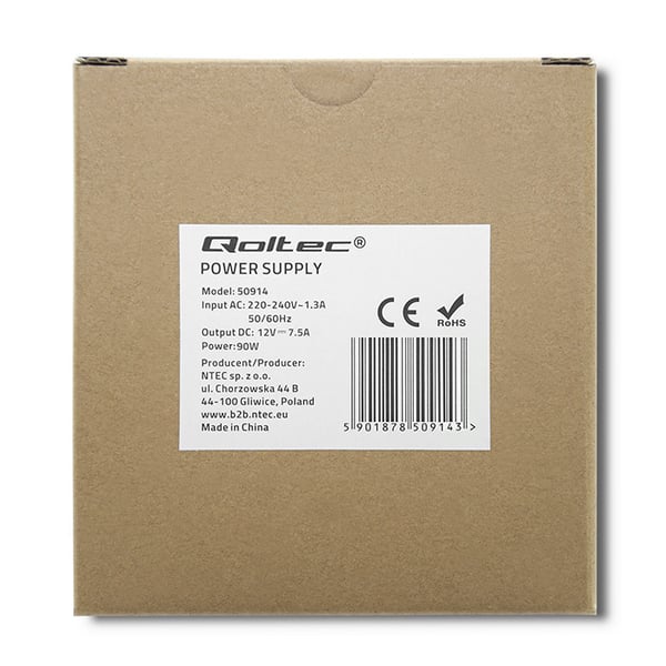Qoltec DIN-kiskoon Asennusvirtalähde | 90 W | 12 V | 7,5 A | Valkoinen | Ohut