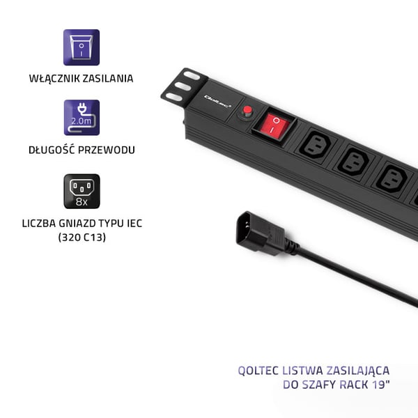 Qoltec PDU-stikdosenmodul med overbelastningsbeskyttelse til 19" RACK | 1U | 10A | 8xIEC C13 | 2m