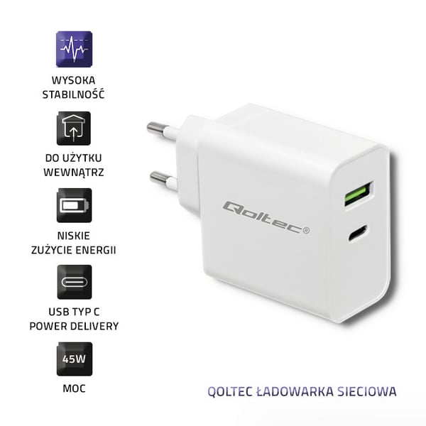 Qoltec Seinälaturi 45W | 5-20V | 2,4-3A | USB Tyyppi C PD | USB | Valkoinen
