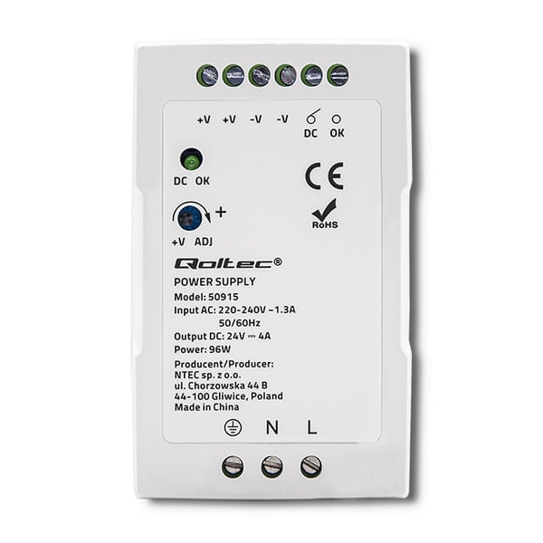 Qoltec DIN-skinne netstrømforsyning 96W 24V 4A hvid smal