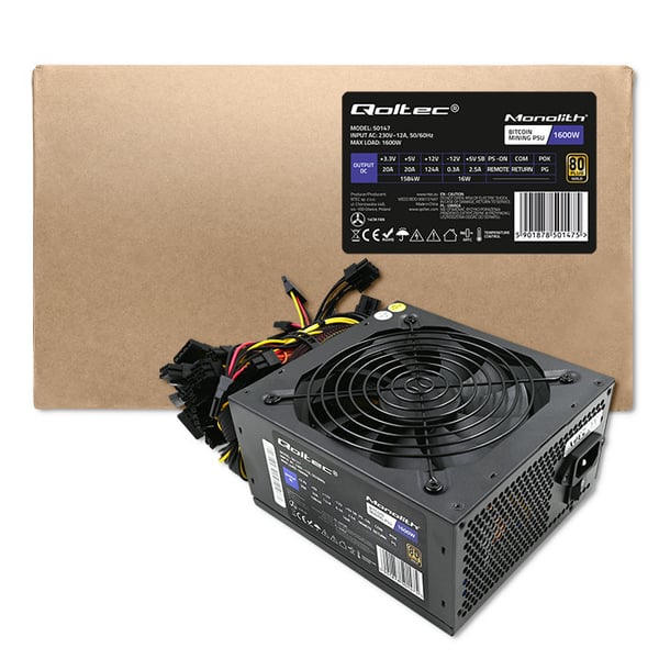 Qoltec ATX-virtalähde 1600W | 80 Plus Gold | Tiedonlouhinta