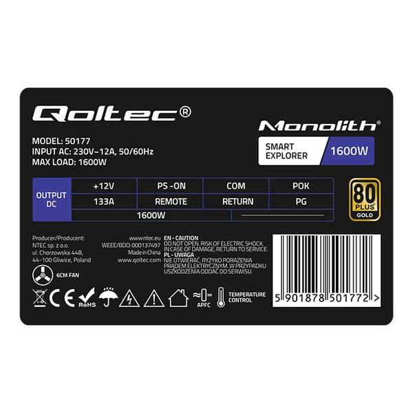 Qoltec PCI-E Smart 1600W virtalähde | 80 Plus Gold | Tiedonlouhinta