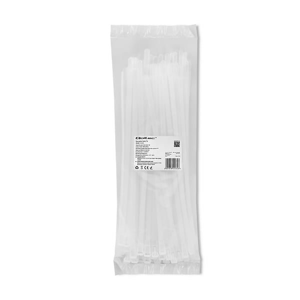 Qoltec genanvendelige kabelbindere 7,2x300mm nylon66 UV hvid