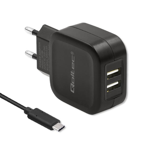 Qoltec Seinälaturi 17W | 5V | 3.4A | 2xUSB + USB Type-C -kaapeli