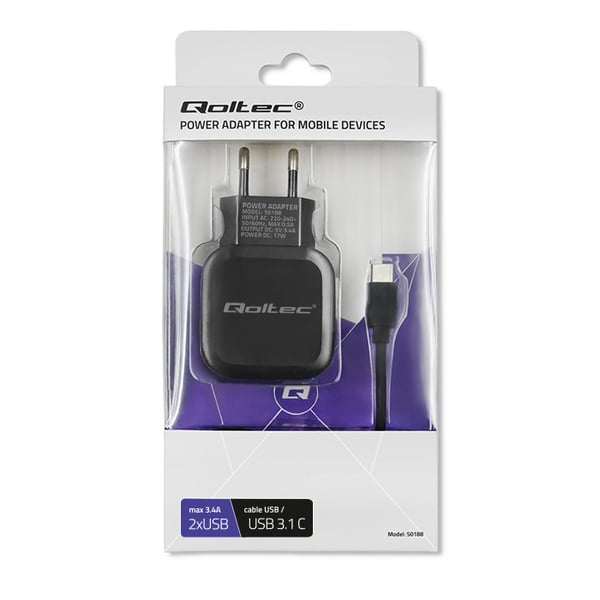 Qoltec Seinälaturi 17W | 5V | 3.4A | 2xUSB + USB Type-C -kaapeli