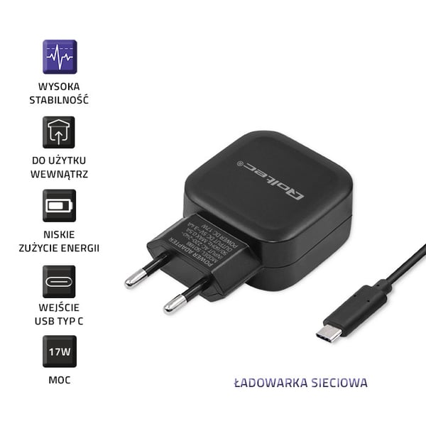 Qoltec Seinälaturi 17W | 5V | 3.4A | 2xUSB + USB Type-C -kaapeli