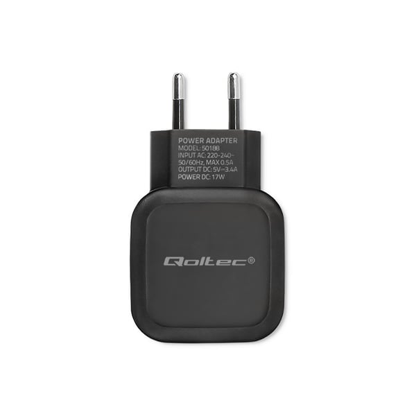 Qoltec Seinälaturi 17W | 5V | 3.4A | 2xUSB + USB Type-C -kaapeli