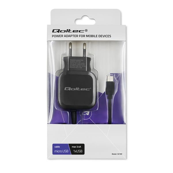 Qoltec Seinälaturi 17W | 5V | 3.4A | USB + Micro USB