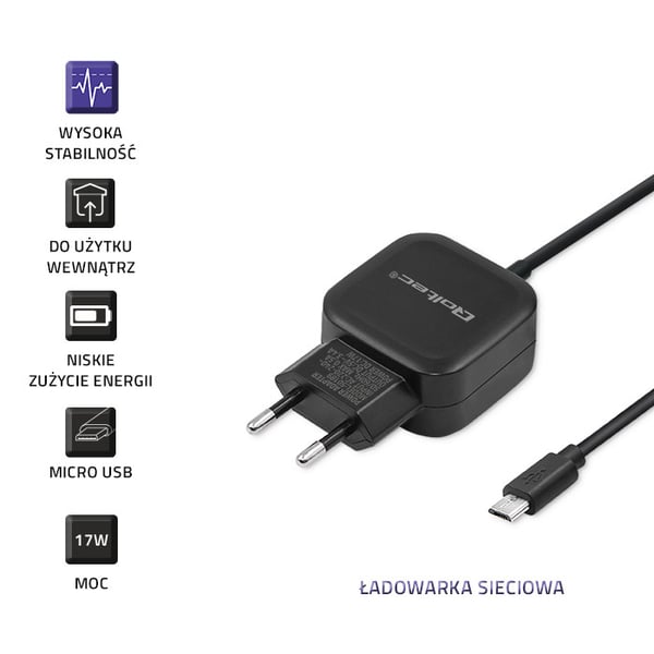 Qoltec Seinälaturi 17W | 5V | 3.4A | USB + Micro USB