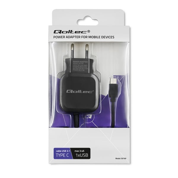 Qoltec vægglader 17W 5V 3,4A USB og USB Type-C
