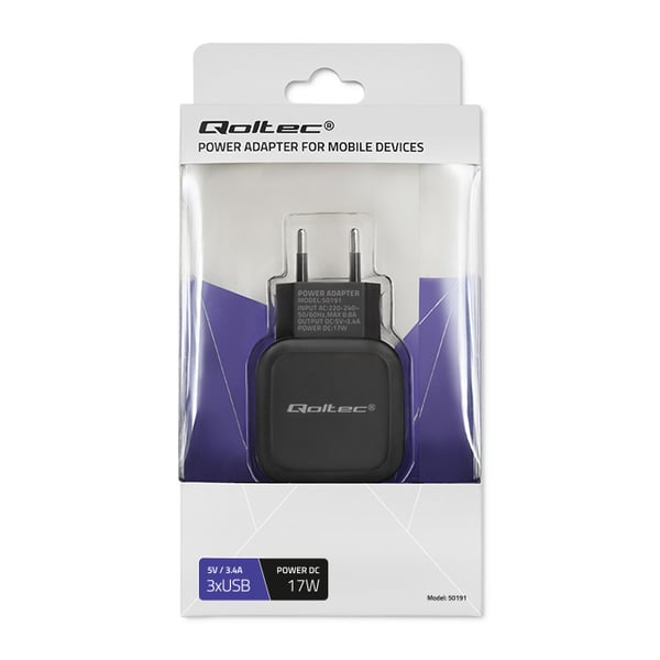 Qoltec vægglader 17W 5V 3,4A 3xUSB
