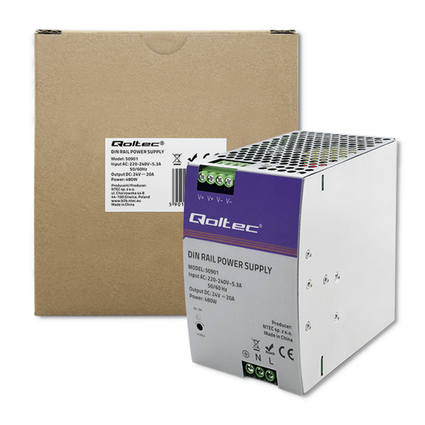 Qoltec industriel DIN-skinnestrømforsyning 480W 24V 20A