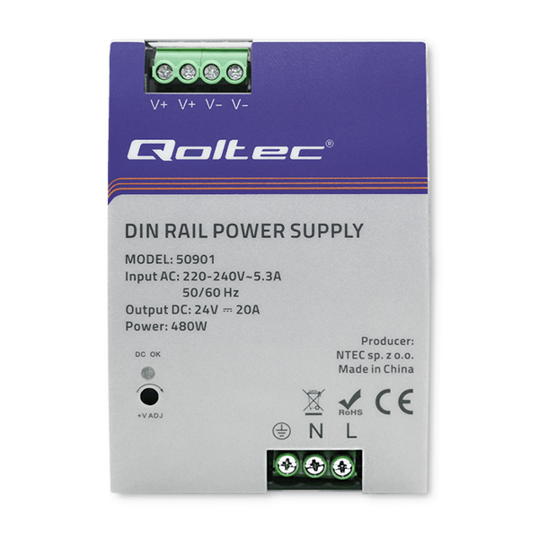 Qoltec industriel DIN-skinnestrømforsyning 480W 24V 20A