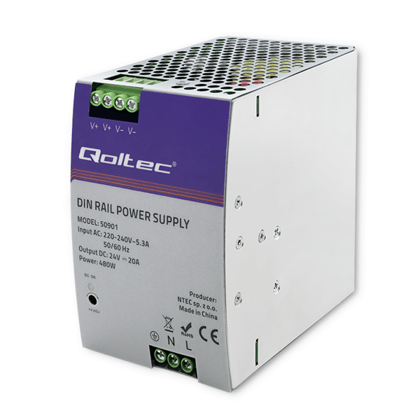 Qoltec industriel DIN-skinnestrømforsyning 480W 24V 20A