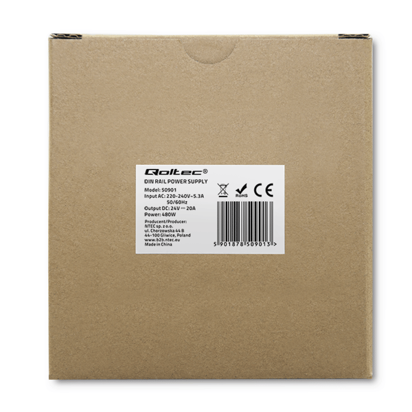 Qoltec industriel DIN-skinnestrømforsyning 480W 24V 20A