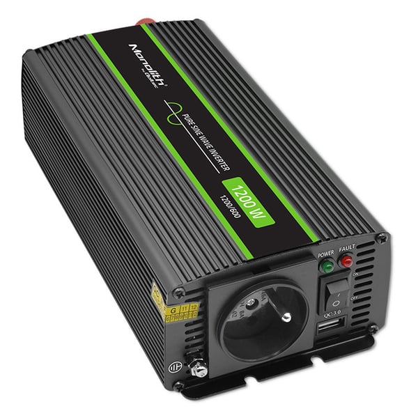 Qoltec Monolith -jännitemuunnin | 600 W | 1200 W | 24 V - 230 V | Puhdas sinusmuoto