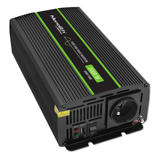 Qoltec Monolith -jännitemuunnin | 1000 W | 2000 W | 24 V - 230 V | Puhdas sinusjännitteinen