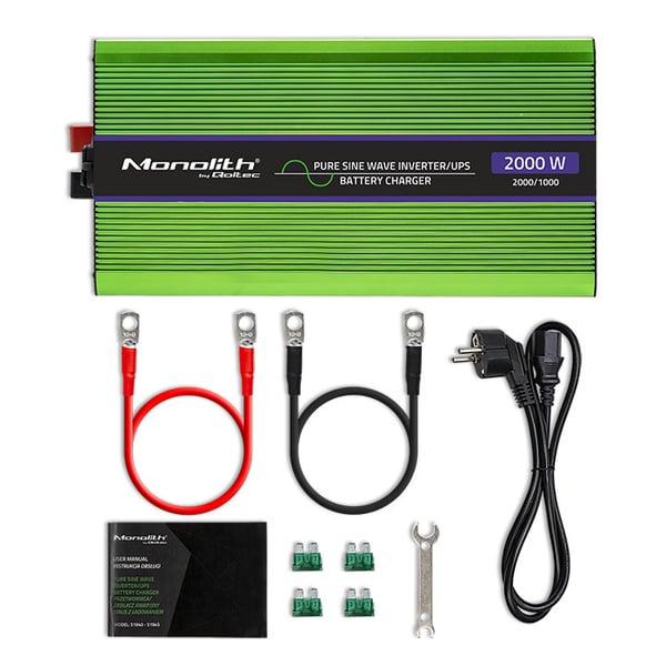 Qoltec Monolith spændingsomvandler batteriopladning UPS 1000W 2000W 12V til 230V ren sinus LCD