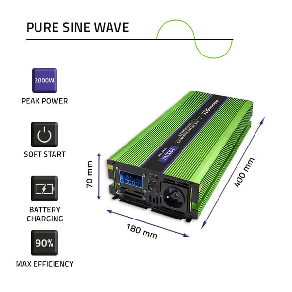 Qoltec Monolith spændingsomvandler batteriopladning UPS 1000W 2000W 12V til 230V ren sinus LCD