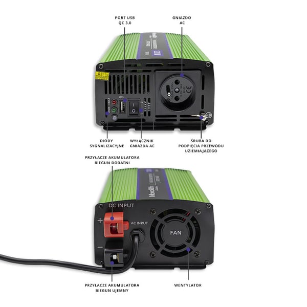 Qoltec Monolith spændingsomformer batterilader UPS 600W 1200W 12V til 230V ren sinusbølge