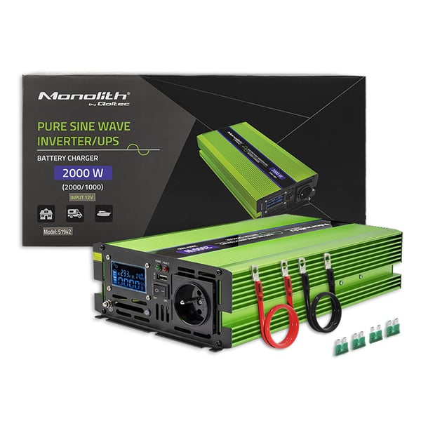 Qoltec Monolith -jännitemuunnin | Akun lataus | UPS | 1000 W | 2000 W | 12 V - 230 V | Puhdas siniaalto | LCD