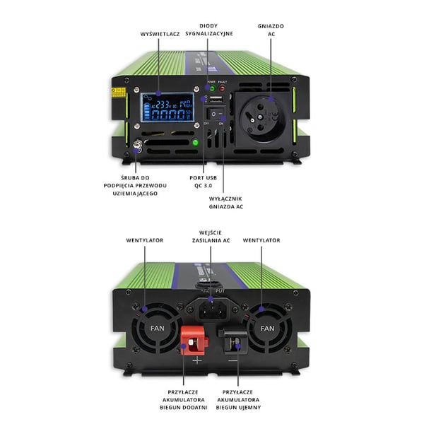 Qoltec Monolith spændingsomvandler batteriopladning UPS 1000W 2000W 12V til 230V ren sinus LCD