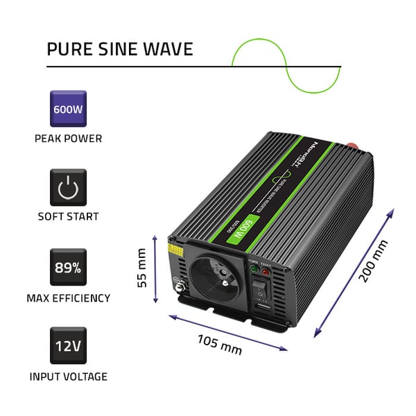 Qoltec Monolith spänningsomvandlare 300W 600W 12V till 230V ren sinus