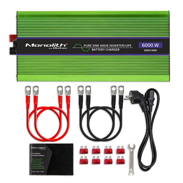 Qoltec Monolith spänningsomvandlare 3000W 6000W 12V till 230V ren sinus LCD batteriladdning UPS