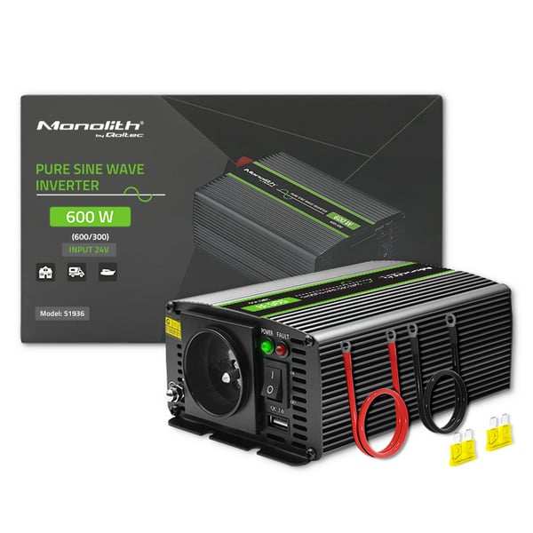 Qoltec Monolith spänningsomvandlare 300W 600W 24V till 230V ren sinus