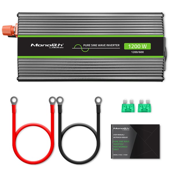 Qoltec Monolith -jännitemuunnin | 600 W | 1200 W | 12 V - 230 V | Puhdas sinusjännitteinen