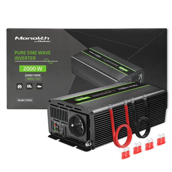 Qoltec Monolith -jännitemuunnin | 1000 W | 2000 W | 12 V - 230 V | Puhdas sinusjännitteinen Qoltec Monolith -jännitemuunnin | 1000 W | 2000 W | 12 V - 230 V | Puhdas sinusjännitteinen