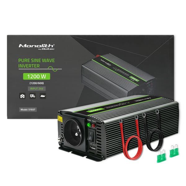Qoltec Monolith -jännitemuunnin | 600 W | 1200 W | 24 V - 230 V | Puhdas sinusmuoto Qoltec Monolith -jännitemuunnin | 600 W | 1200 W | 24 V - 230 V | Puhdas sinusmuoto