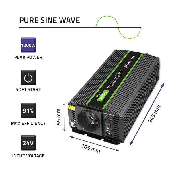 Qoltec Monolith -jännitemuunnin | 600 W | 1200 W | 24 V - 230 V | Puhdas sinusmuoto
