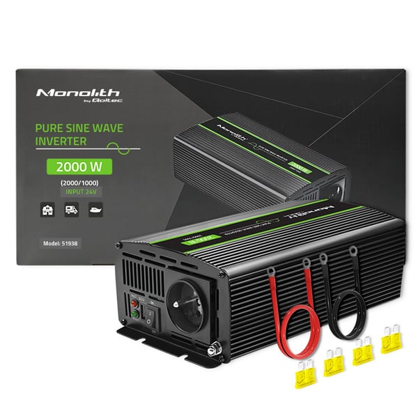 Qoltec Monolith -jännitemuunnin | 1000 W | 2000 W | 24 V - 230 V | Puhdas sinusjännitteinen