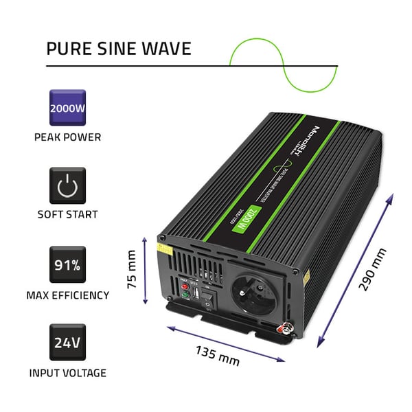 Qoltec Monolith -jännitemuunnin | 1000 W | 2000 W | 24 V - 230 V | Puhdas sinusjännitteinen